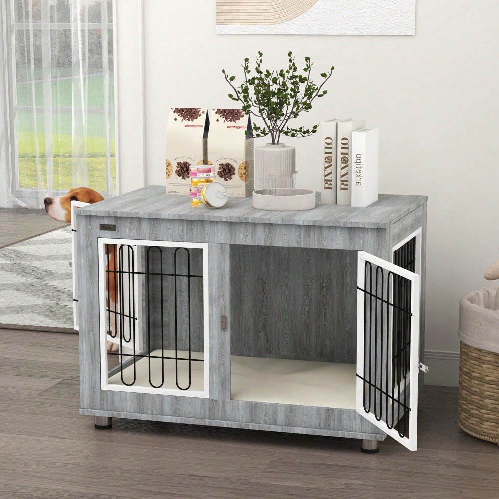 PawHut Hundekäfig mit Polster & 2 Türen, Hundebox mit Doppelverriegelung für mittelgroße Hunde, grau, 90x58x65 cm