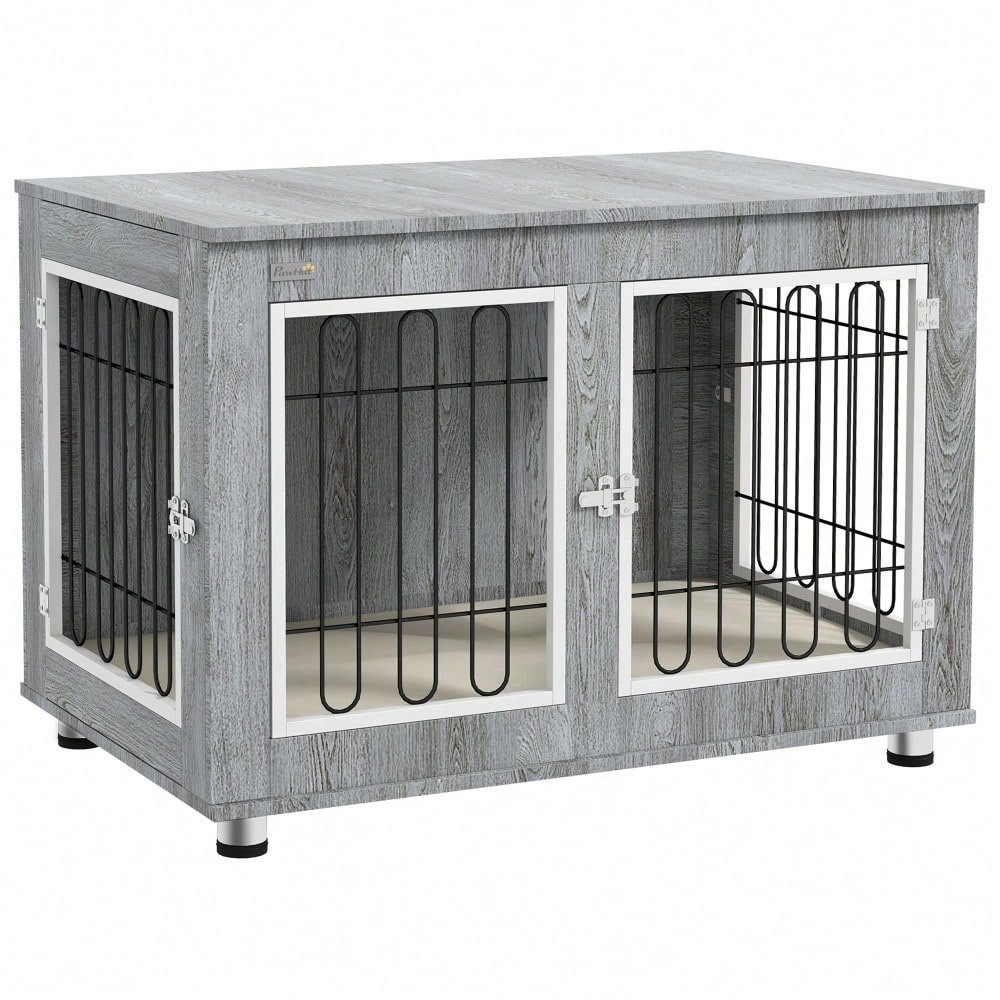 PawHut Hundekäfig mit Polster & 2 Türen, Hundebox mit Doppelverriegelung für mittelgroße Hunde, grau, 90x58x65 cm