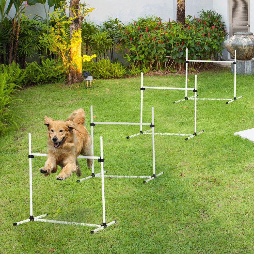 PawHut Agility-Set für Hunde, 4 Hürden & 5 Slalomstangen, Trainingszubehör aus Kunststoff, für aktives Hundetraining, weiß, 94x99x65 cm