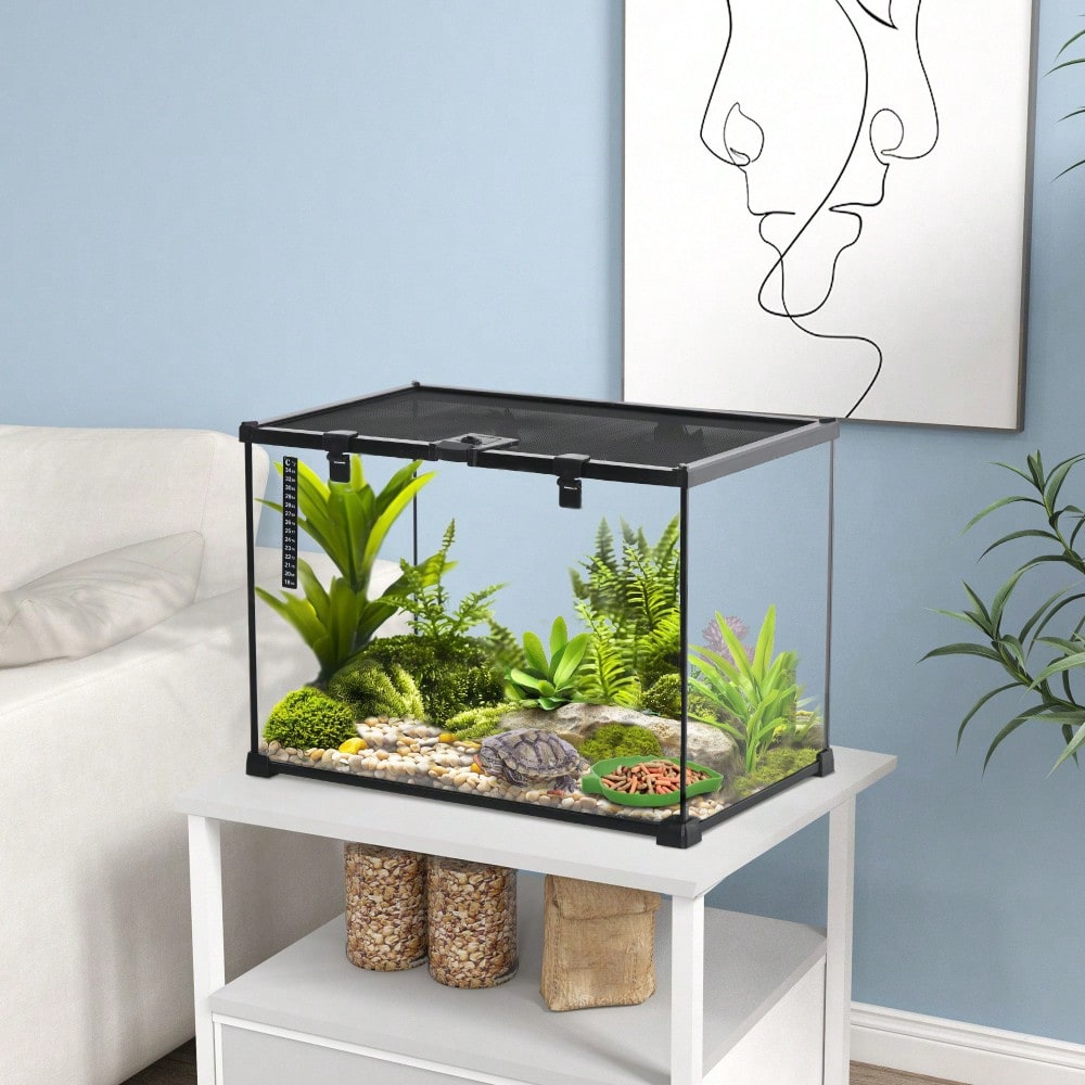 PawHut Glasterrarium für Reptilien, 50x30x35 cm, mit Metallrahmen, Terrarium Box zur Zucht & Fütterung