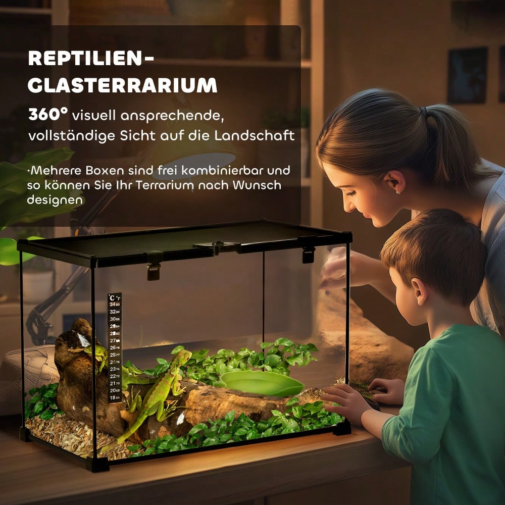 PawHut Glasterrarium für Reptilien, 50x30x35 cm, mit Metallrahmen, Terrarium Box zur Zucht & Fütterung
