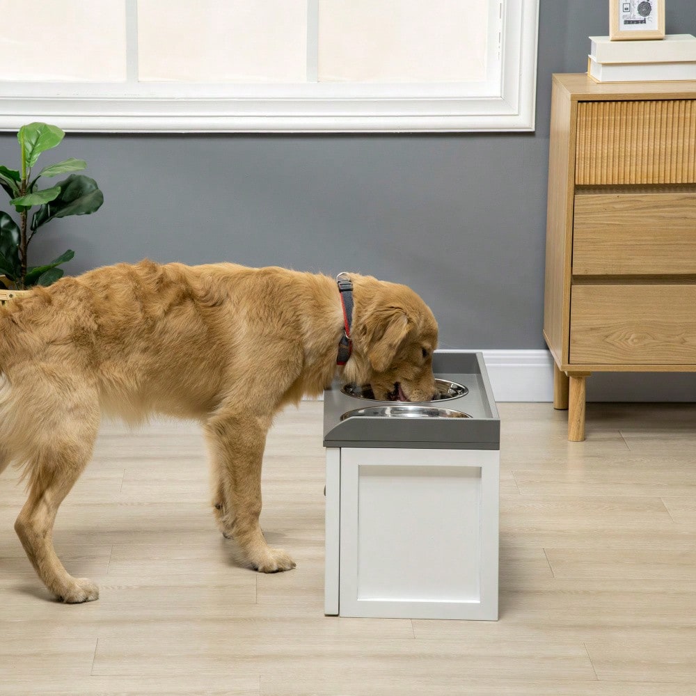PawHut Erhöhte Futterstation mit Stauschublade, 2x2L Edelstahlnäpfe für Hunde und Katzen, weiß