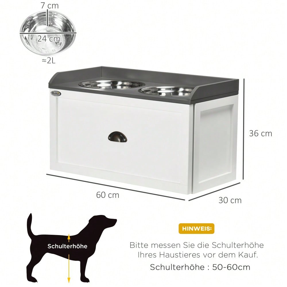 PawHut Erhöhte Futterstation mit Stauschublade, 2x2L Edelstahlnäpfe für Hunde und Katzen, weiß