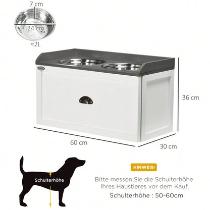 PawHut Erhöhte Futterstation mit Stauschublade, 2x2L Edelstahlnäpfe für Hunde und Katzen, weiß