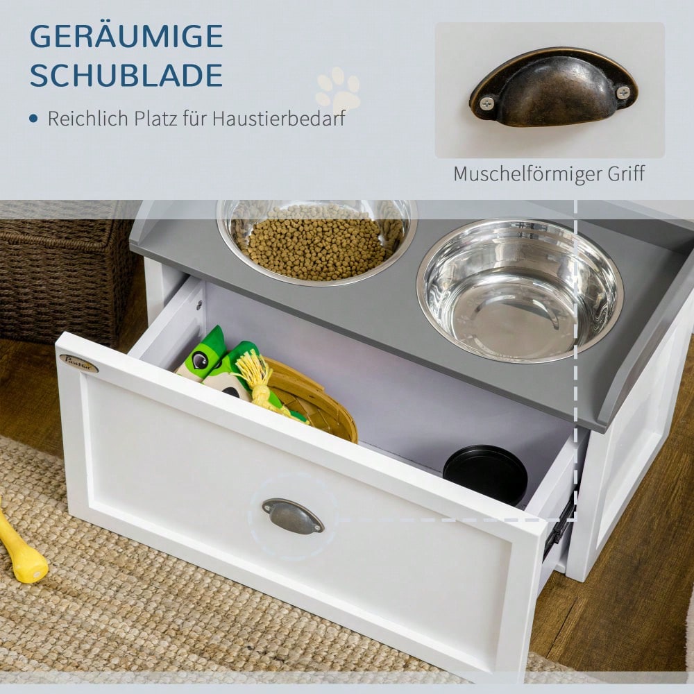 PawHut Erhöhte Futterstation mit Stauschublade, 2x2L Edelstahlnäpfe für Hunde und Katzen, weiß