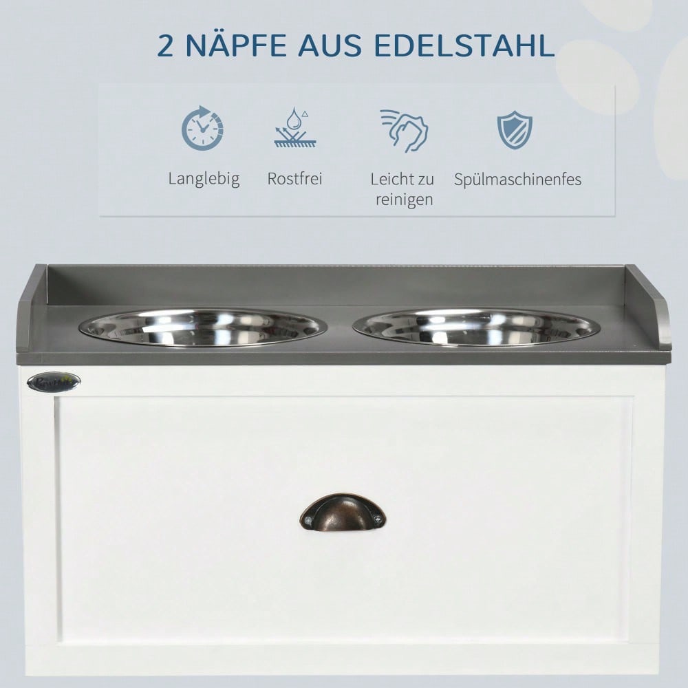 PawHut Erhöhte Futterstation mit Stauschublade, 2x2L Edelstahlnäpfe für Hunde und Katzen, weiß