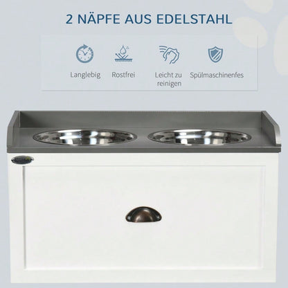 PawHut Erhöhte Futterstation mit Stauschublade, 2x2L Edelstahlnäpfe für Hunde und Katzen, weiß