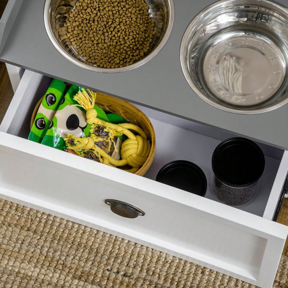 PawHut Erhöhte Futterstation mit Stauschublade, 2x2L Edelstahlnäpfe für Hunde und Katzen, weiß