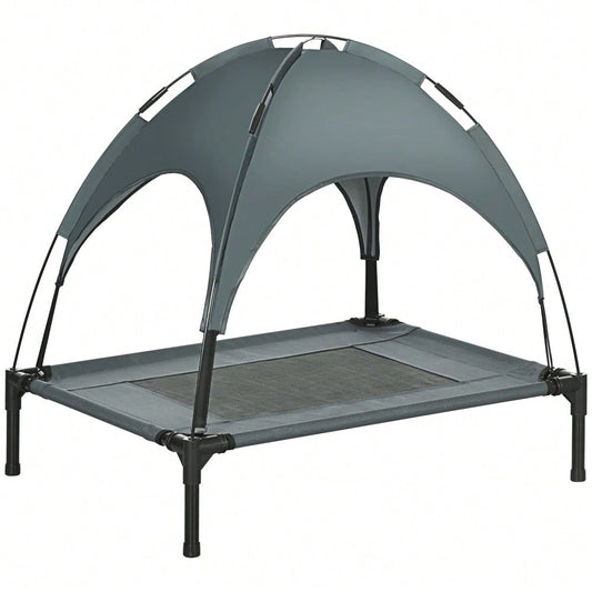 PawHut Outdoor Hundebett mit Dach, erhöhte & atmungsaktive Liege aus Taftstoff für Hunde, grau, 76x61x73 cm