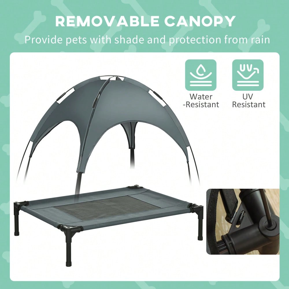 PawHut Outdoor Hundebett mit Dach, erhöhte & atmungsaktive Liege aus Taftstoff für Hunde, grau, 76x61x73 cm