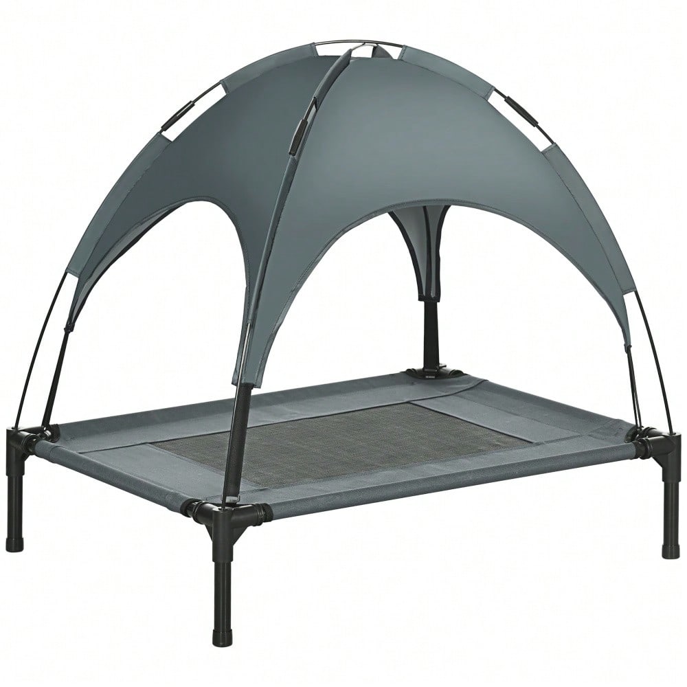 PawHut Outdoor Hundebett mit Dach, erhöhte & atmungsaktive Liege aus Taftstoff für Hunde, grau, 76x61x73 cm
