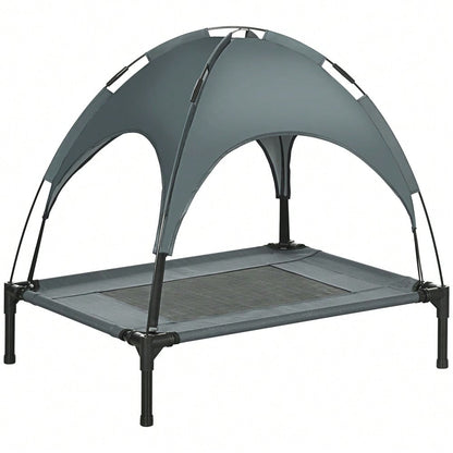 PawHut Outdoor Hundebett mit Dach, erhöhte & atmungsaktive Liege aus Taftstoff für Hunde, grau, 76x61x73 cm
