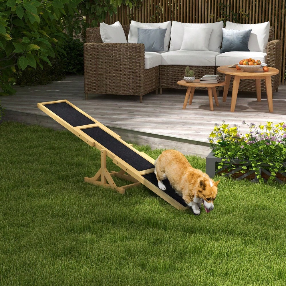 PawHut Agility-Wippe aus Holz, rutschfeste Balance-Trainingsrampe für Hunde bis 30 kg, 180x30x30 cm, gelb