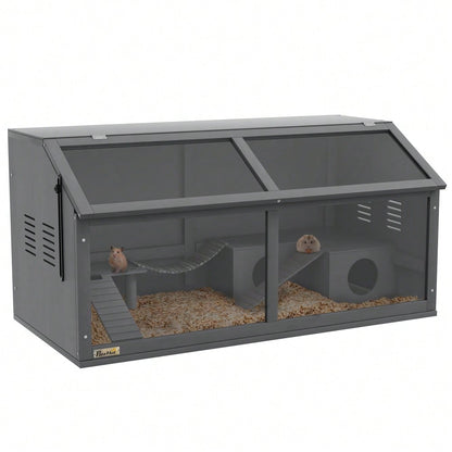 PawHut Hamsterkäfig aus Holz mit Zubehör, 100 cm Nagerhaus mit Hängebrücke, Leitern & aufklappbarem Dach, Kleintierkäfig, dunkelgrau