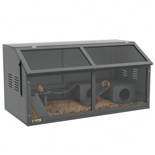 PawHut Hamsterkäfig aus Holz mit Zubehör, 100 cm Nagerhaus mit Hängebrücke, Leitern & aufklappbarem Dach, Kleintierkäfig, dunkelgrau