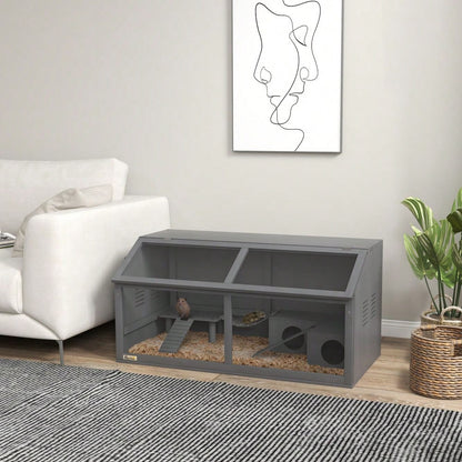PawHut Hamsterkäfig aus Holz mit Zubehör, 100 cm Nagerhaus mit Hängebrücke, Leitern & aufklappbarem Dach, Kleintierkäfig, dunkelgrau
