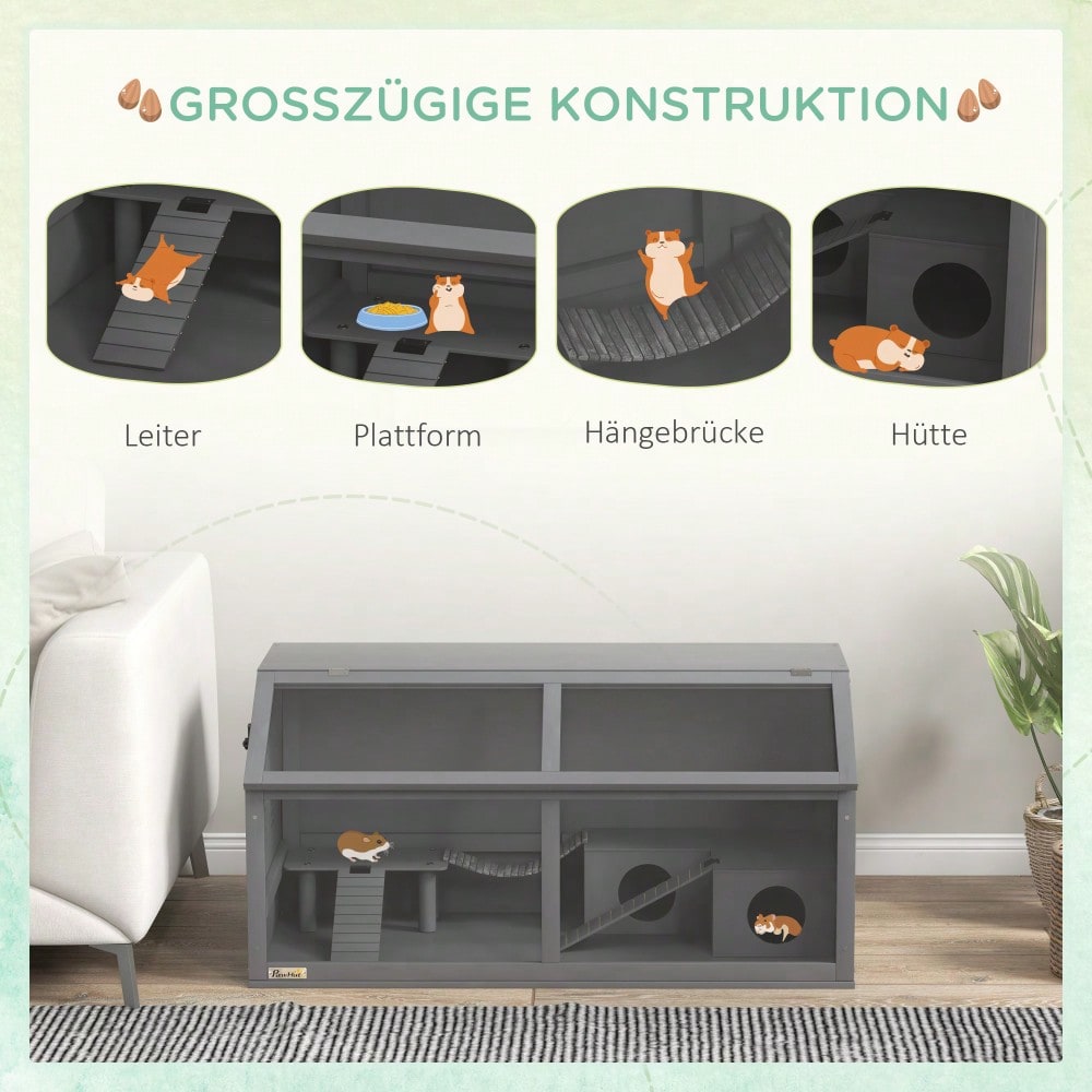PawHut Hamsterkäfig aus Holz mit Zubehör, 100 cm Nagerhaus mit Hängebrücke, Leitern & aufklappbarem Dach, Kleintierkäfig, dunkelgrau