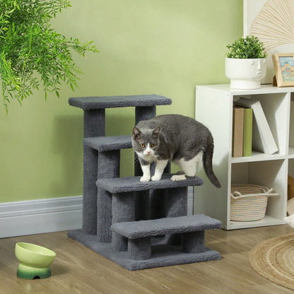 PawHut 4-stufige Tiertreppe für Katzen und Hunde, Treppe für ältere und kleine Tiere, 63,5x43x60 cm, grau