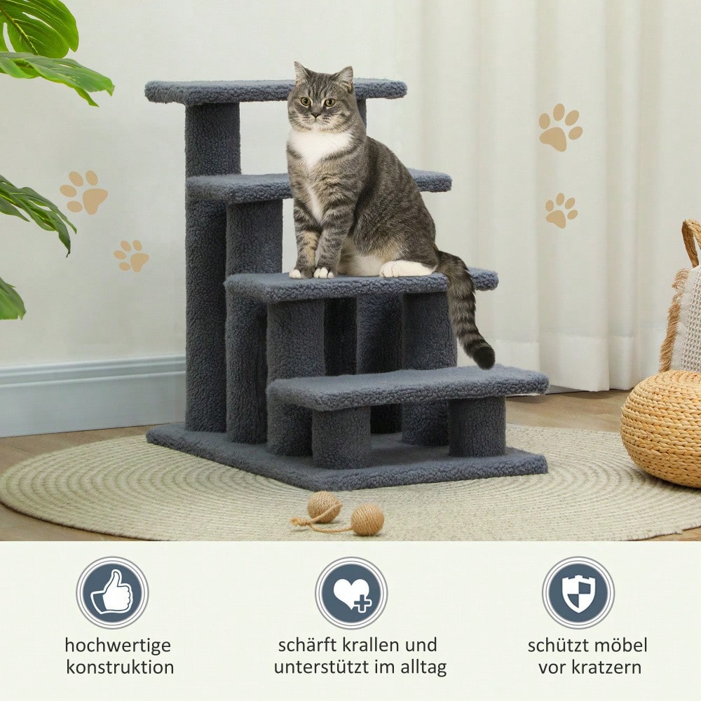 PawHut 4-stufige Tiertreppe für Katzen und Hunde, Treppe für ältere und kleine Tiere, 63,5x43x60 cm, grau