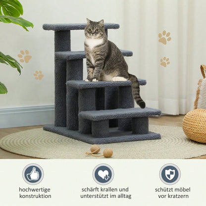 PawHut 4-stufige Tiertreppe für Katzen und Hunde, Treppe für ältere und kleine Tiere, 63,5x43x60 cm, grau