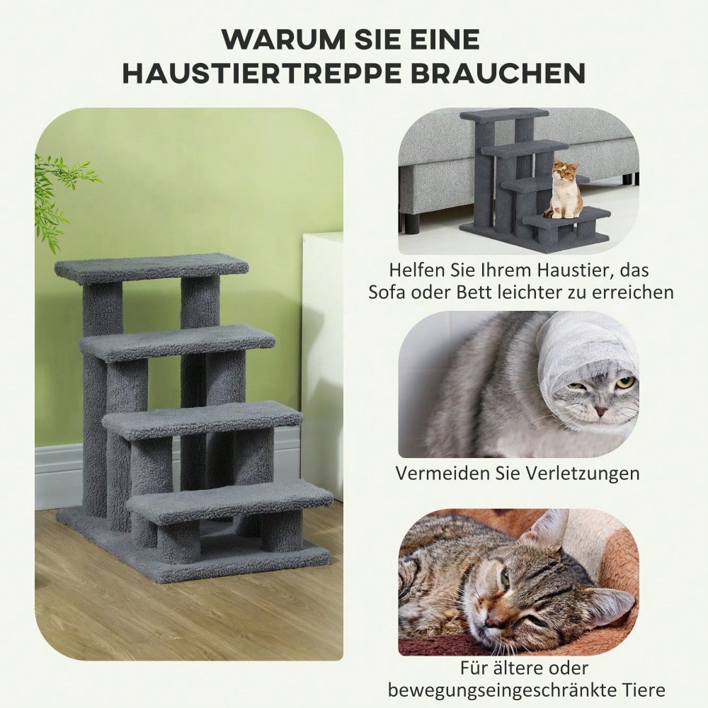 PawHut 4-stufige Tiertreppe für Katzen und Hunde, Treppe für ältere und kleine Tiere, 63,5x43x60 cm, grau