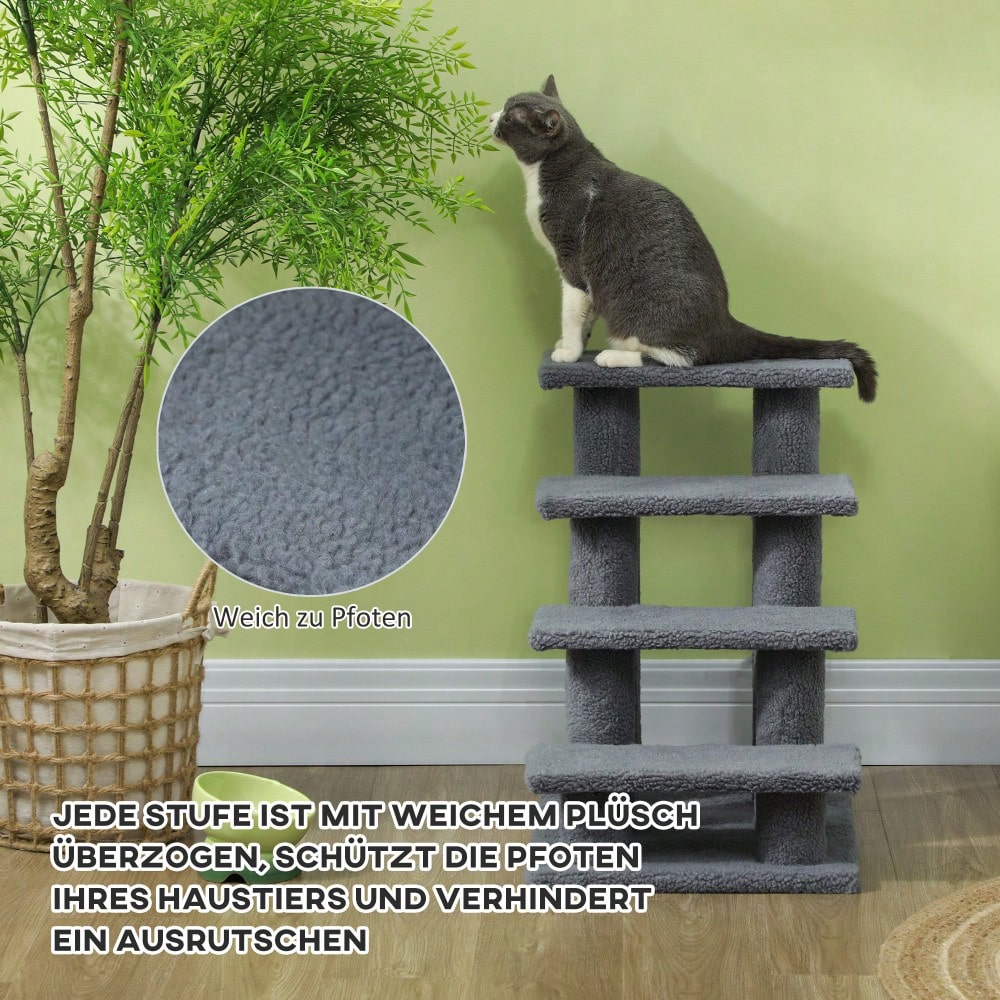 PawHut 4-stufige Tiertreppe für Katzen und Hunde, Treppe für ältere und kleine Tiere, 63,5x43x60 cm, grau