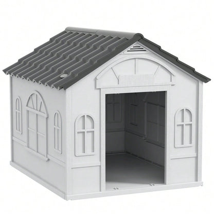 PawHut Hundehütte mit Satteldach, wetterfeste Outdoor-Hundehütte für mittelgroße Hunde bis 20 kg, 65x75,7x63 cm, grau