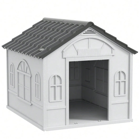 PawHut Hundehütte mit Satteldach, wetterfeste Outdoor-Hundehütte für mittelgroße Hunde bis 20 kg, 65x75,7x63 cm, grau