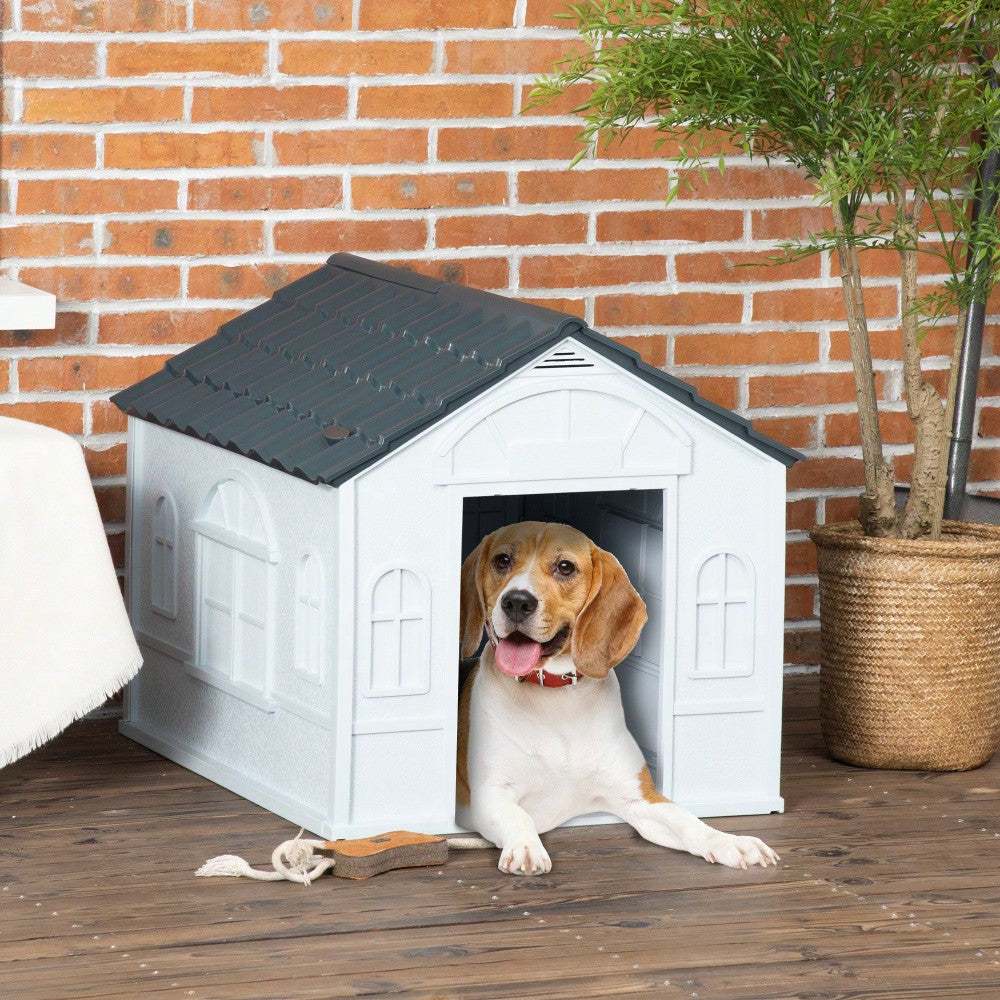 PawHut Hundehütte mit Satteldach, wetterfeste Outdoor-Hundehütte für mittelgroße Hunde bis 20 kg, 65x75,7x63 cm, grau
