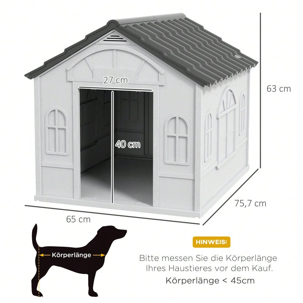PawHut Hundehütte mit Satteldach, wetterfeste Outdoor-Hundehütte für mittelgroße Hunde bis 20 kg, 65x75,7x63 cm, grau