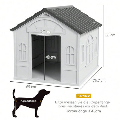 PawHut Hundehütte mit Satteldach, wetterfeste Outdoor-Hundehütte für mittelgroße Hunde bis 20 kg, 65x75,7x63 cm, grau