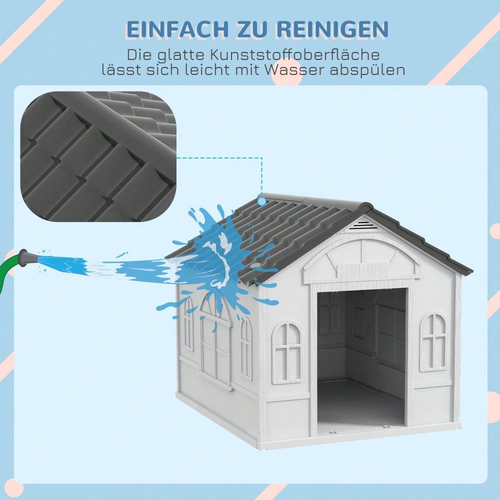 PawHut Hundehütte mit Satteldach, wetterfeste Outdoor-Hundehütte für mittelgroße Hunde bis 20 kg, 65x75,7x63 cm, grau