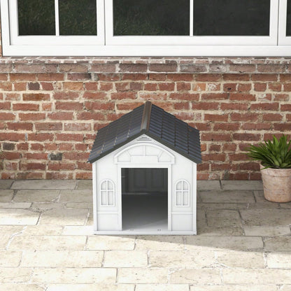 PawHut Hundehütte mit Satteldach, wetterfeste Outdoor-Hundehütte für mittelgroße Hunde bis 20 kg, 65x75,7x63 cm, grau
