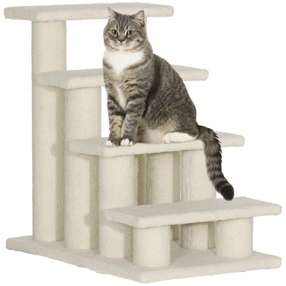 PawHut 4-stufige Tiertreppe mit Plüschbezug für Hunde & Katzen, weiche Treppe für ältere Tiere, 63,5x43x60 cm, beige