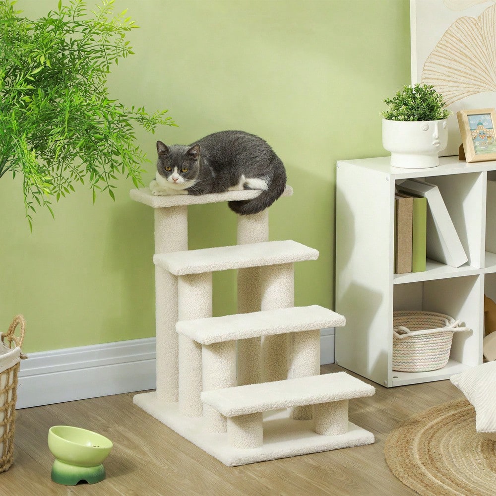 PawHut 4-stufige Tiertreppe mit Plüschbezug für Hunde & Katzen, weiche Treppe für ältere Tiere, 63,5x43x60 cm, beige