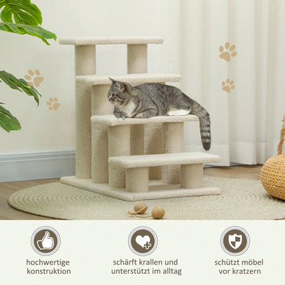 PawHut 4-stufige Tiertreppe mit Plüschbezug für Hunde & Katzen, weiche Treppe für ältere Tiere, 63,5x43x60 cm, beige