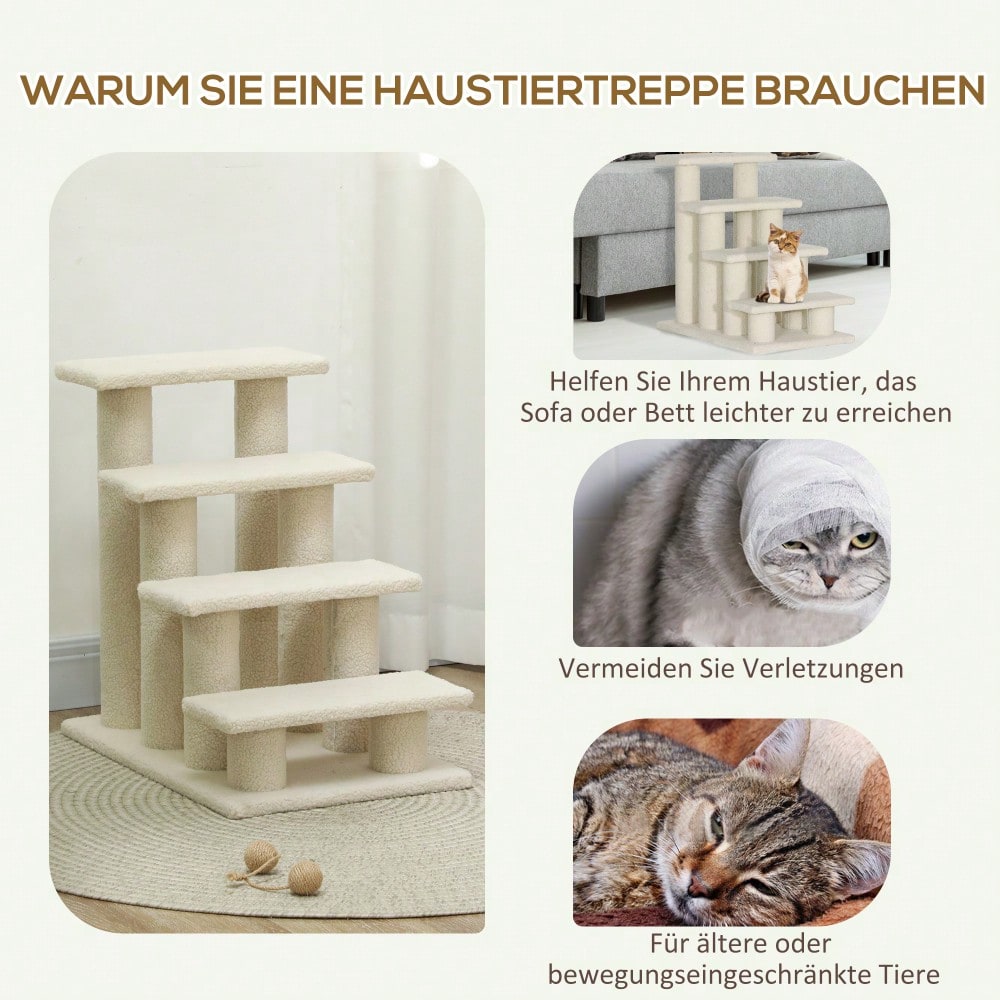 PawHut 4-stufige Tiertreppe mit Plüschbezug für Hunde & Katzen, weiche Treppe für ältere Tiere, 63,5x43x60 cm, beige