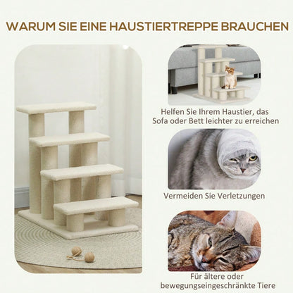 PawHut 4-stufige Tiertreppe mit Plüschbezug für Hunde & Katzen, weiche Treppe für ältere Tiere, 63,5x43x60 cm, beige