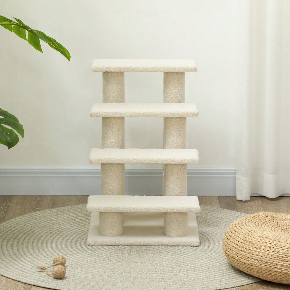 PawHut 4-stufige Tiertreppe mit Plüschbezug für Hunde & Katzen, weiche Treppe für ältere Tiere, 63,5x43x60 cm, beige