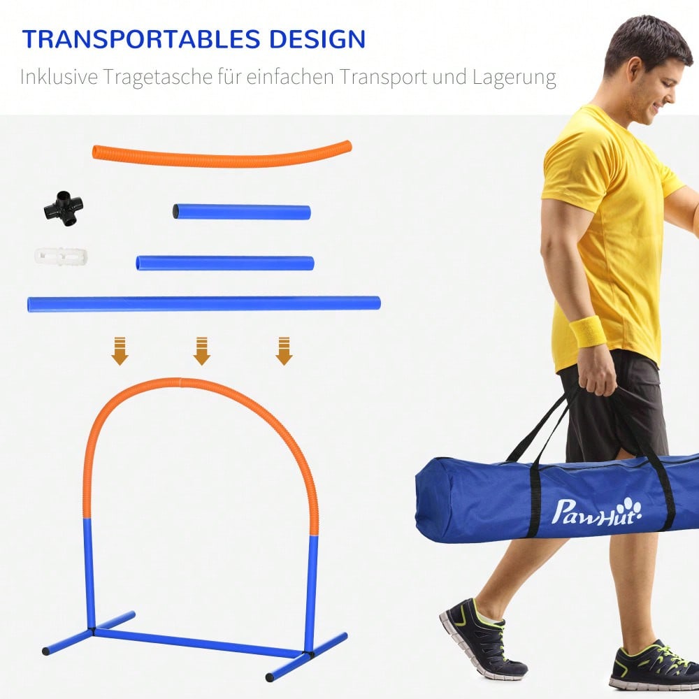 PawHut 4-teiliges Agility-Trainingsset für Hunde mit Tragetasche, 88x64x95 cm, blau/orange, für effektives Hundetraining & Spiel