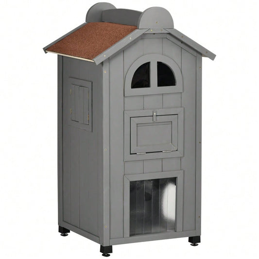 PawHut Katzenhaus multifunktional als Katzenbett oder Katzentoilette, Katzenschrank aus Tannenholz mit Asphaltdach, grau, 59x55x109 cm