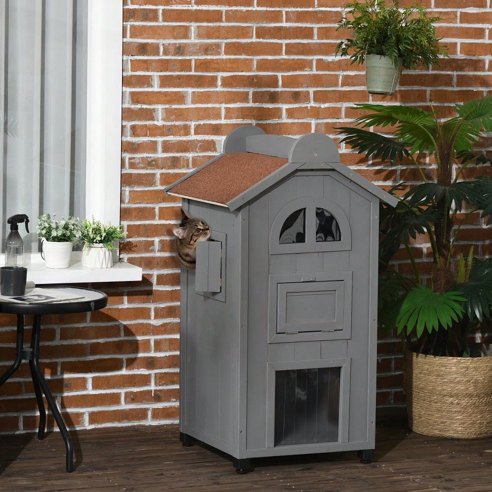 PawHut Katzenhaus multifunktional als Katzenbett oder Katzentoilette, Katzenschrank aus Tannenholz mit Asphaltdach, grau, 59x55x109 cm