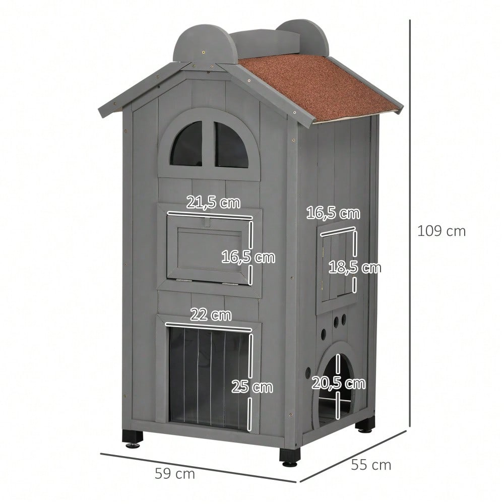 PawHut Katzenhaus multifunktional als Katzenbett oder Katzentoilette, Katzenschrank aus Tannenholz mit Asphaltdach, grau, 59x55x109 cm