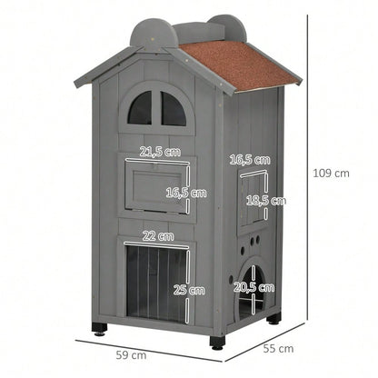 PawHut Katzenhaus multifunktional als Katzenbett oder Katzentoilette, Katzenschrank aus Tannenholz mit Asphaltdach, grau, 59x55x109 cm