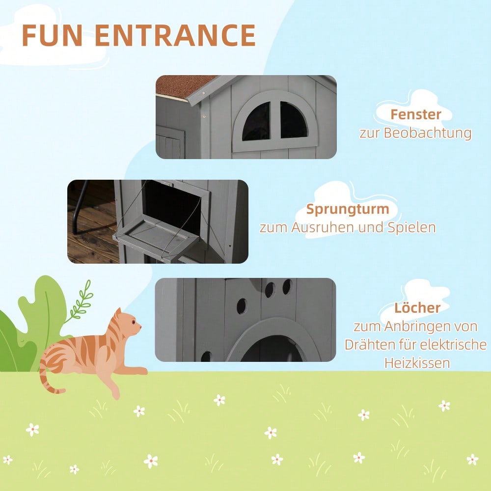 PawHut Katzenhaus multifunktional als Katzenbett oder Katzentoilette, Katzenschrank aus Tannenholz mit Asphaltdach, grau, 59x55x109 cm