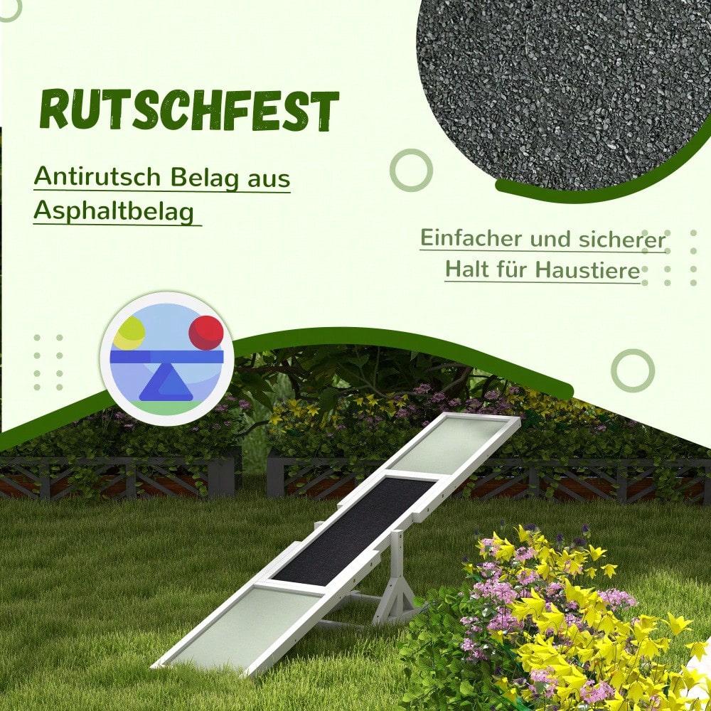 PawHut Agility-Wippe aus Holz mit rutschfester Oberfläche, Balance-Trainingsgerät für Hunde bis 30 kg, 180x30x30 cm, weiß