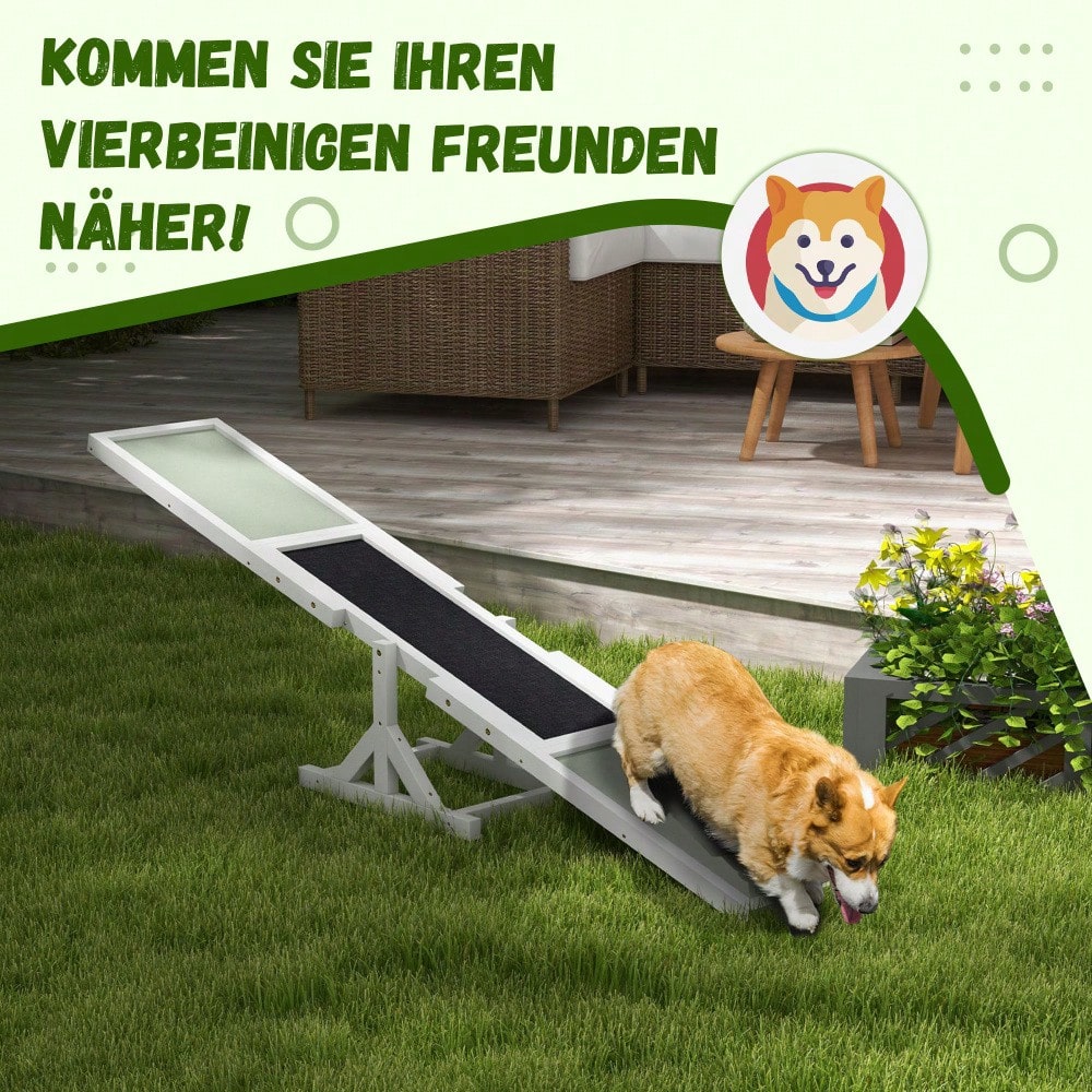 PawHut Agility-Wippe aus Holz mit rutschfester Oberfläche, Balance-Trainingsgerät für Hunde bis 30 kg, 180x30x30 cm, weiß