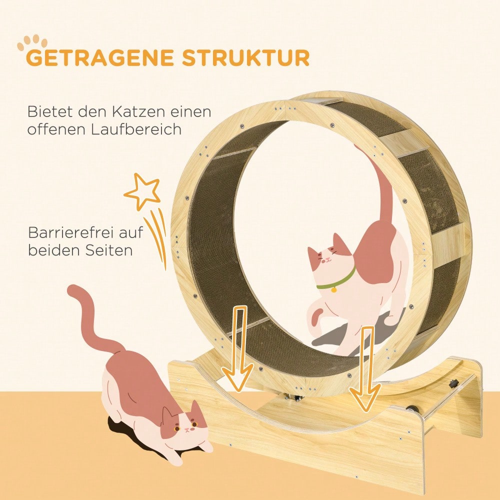 PawHut Katzenlaufrad aus Eiche mit Bremse & Kratzbrett, 91 cm Laufrad für gesunde Bewegung und Entspannung Ihrer Katze
