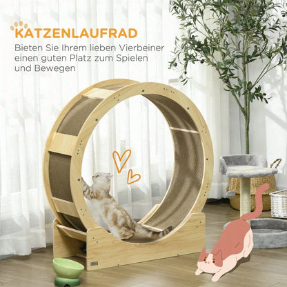 PawHut Katzenlaufrad aus Eiche mit Bremse & Kratzbrett, 91 cm Laufrad für gesunde Bewegung und Entspannung Ihrer Katze