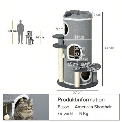 PawHut Kratztonne für Katzen mit Katzenbett, Spielball & Plattformen, 99 cm Katzenspielzeug und Kratzmöbel, grau